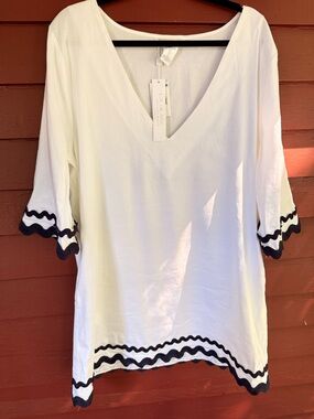 La Blanca White Mini Tunic with Navy blue Scalloped Trim